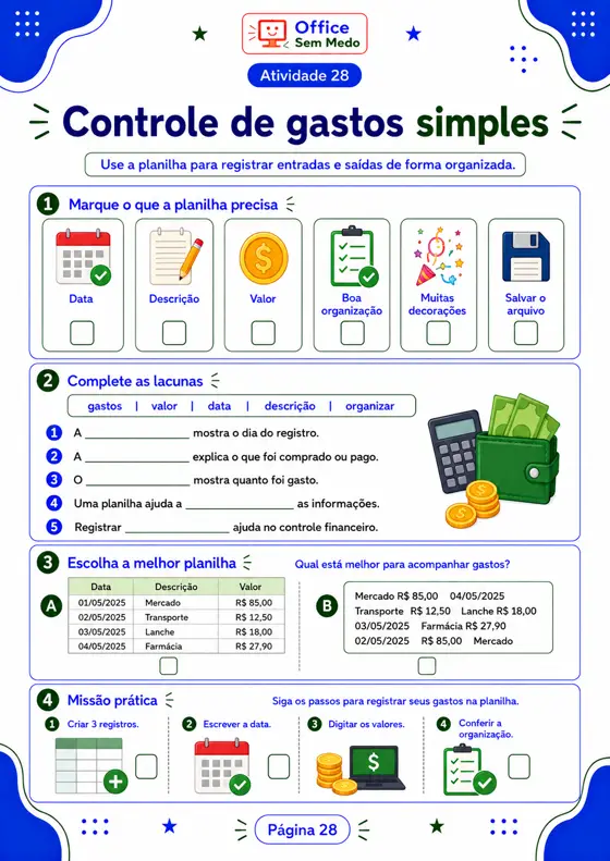 Atividade 28 — Controle de gastos simples no Excel